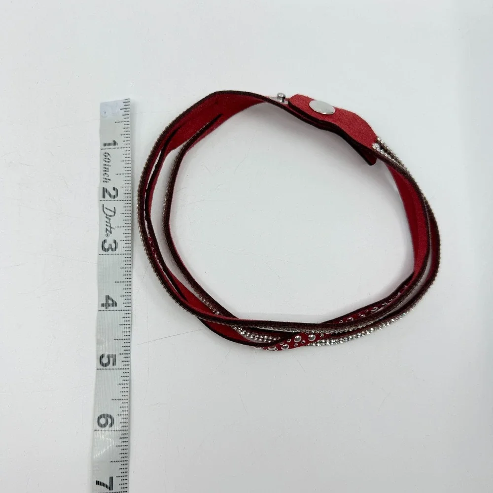 Red Faux Suede Wrap Choker Necklace Rhinestone Studded Western Statement